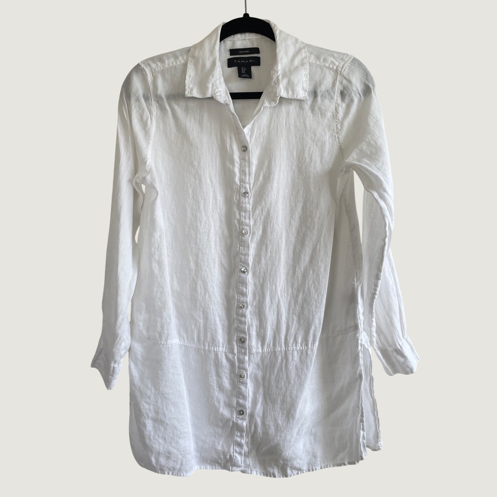 Tahari Tunic Women Small White 100% Linen Longline Button Down Shirt Roll Tab - Picture 2 of 9